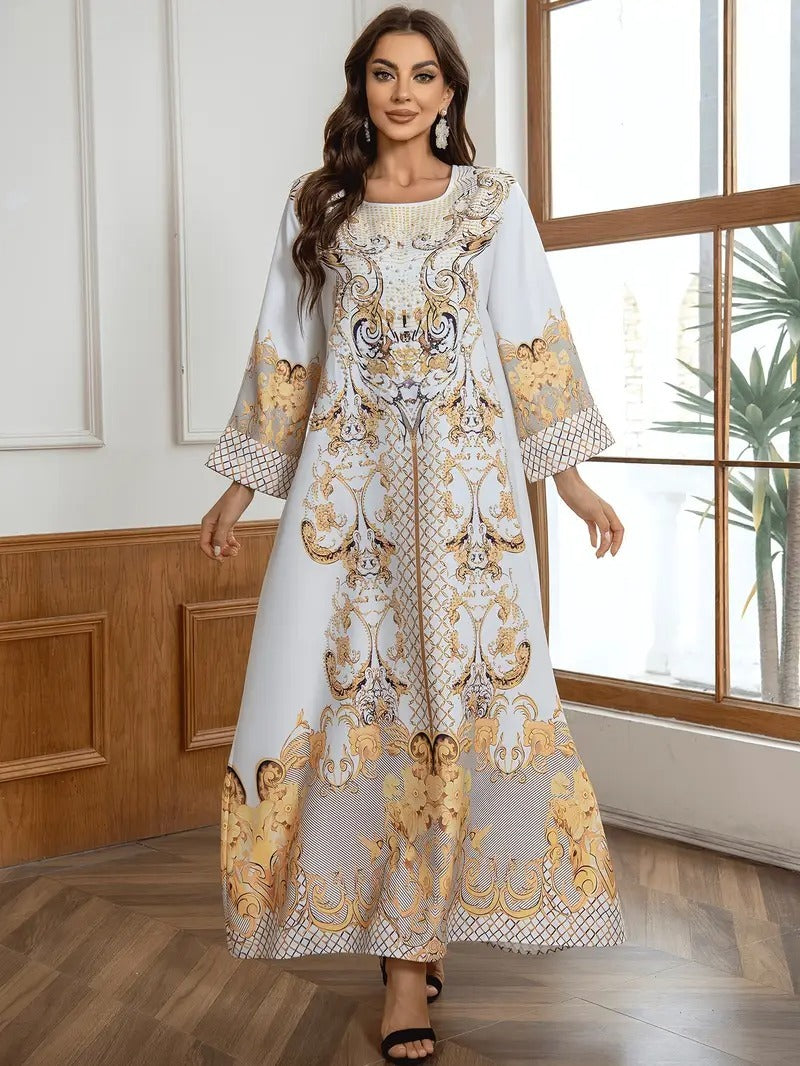 Round Neck Rhinestone Decorative Print Long Abaya Dress - White / L - Abaya dress