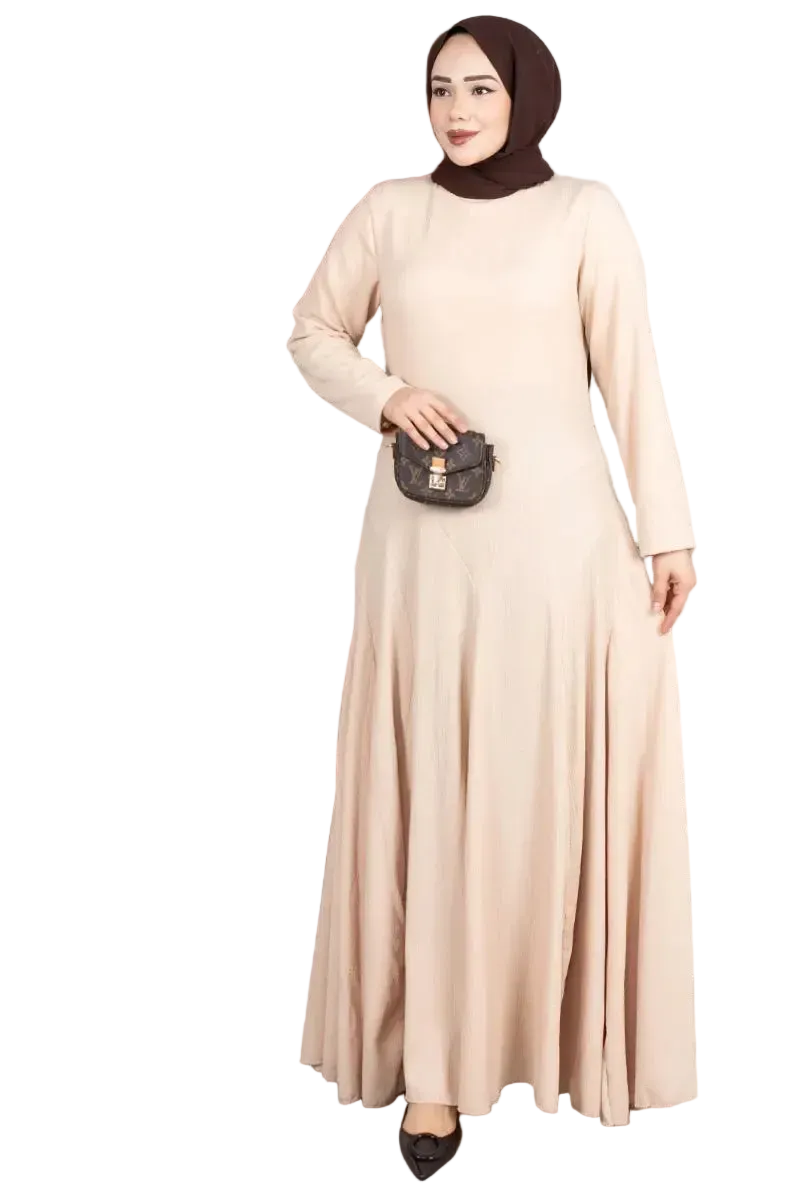 Ruffle Detailed Crepe Modest Dress-Beige