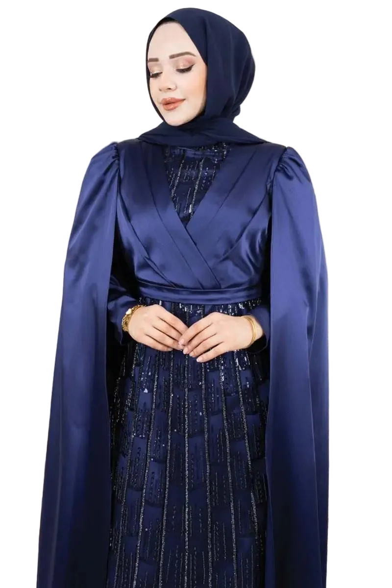 Satin Evening Dress with Draped Front Detail | Navy