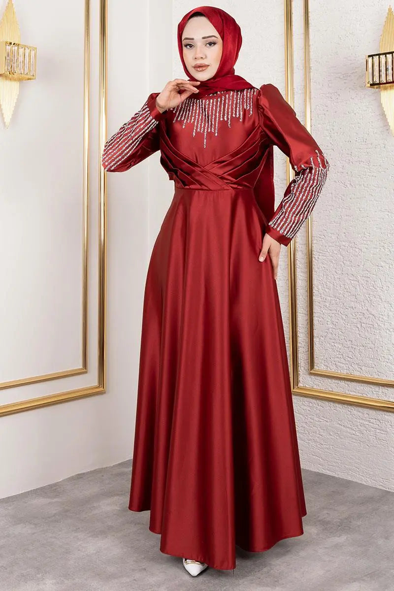 Mec Satin Evening Dress With Stone Detail On Collar And Sleeves