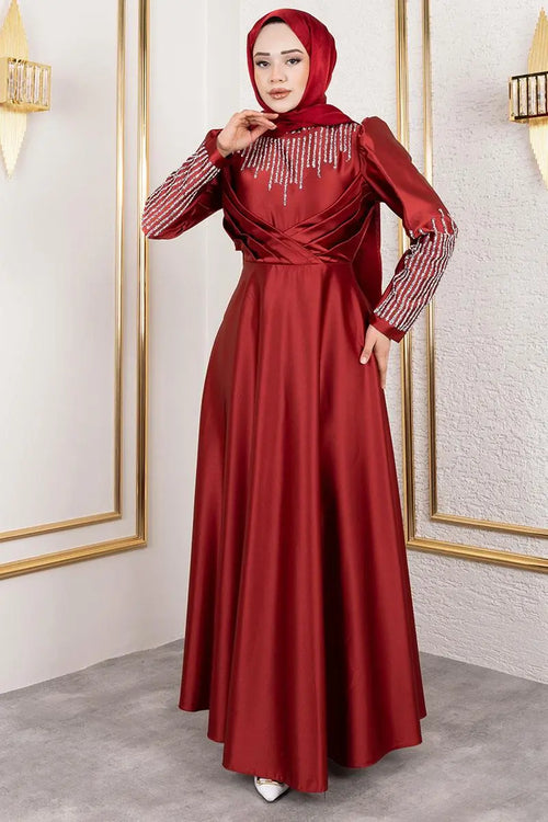 Mec Satin Evening Dress With Stone Detail On Collar And Sleeves
