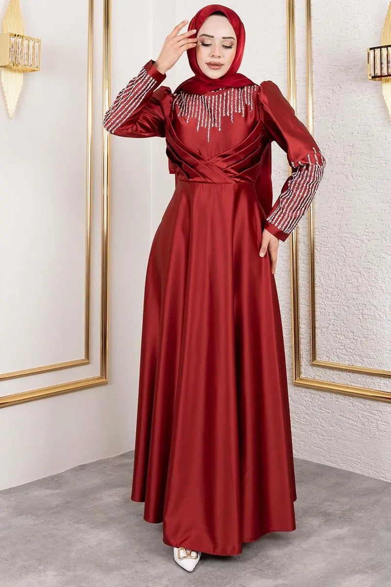 Mec Satin Evening Dress With Stone Detail On Collar And Sleeves