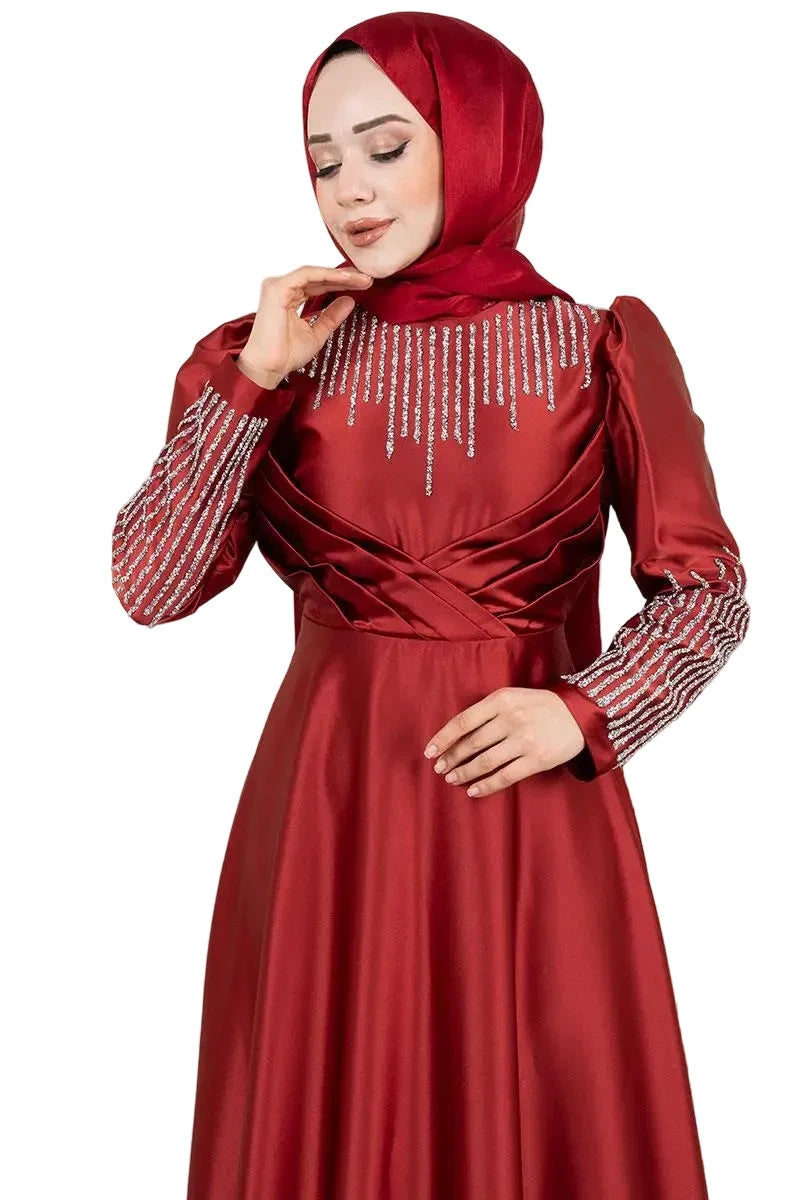 Mec Satin Evening Dress With Stone Detail On Collar And Sleeves
