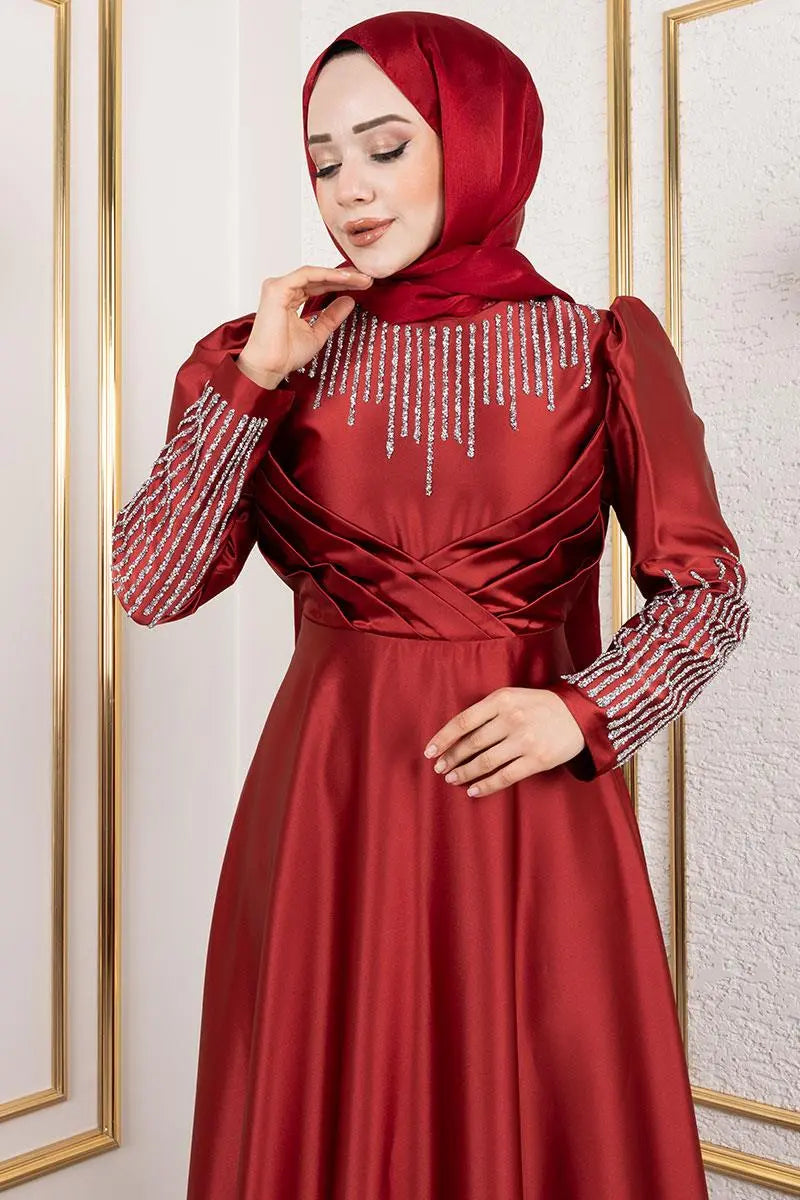 Mec Satin Evening Dress With Stone Detail On Collar And Sleeves