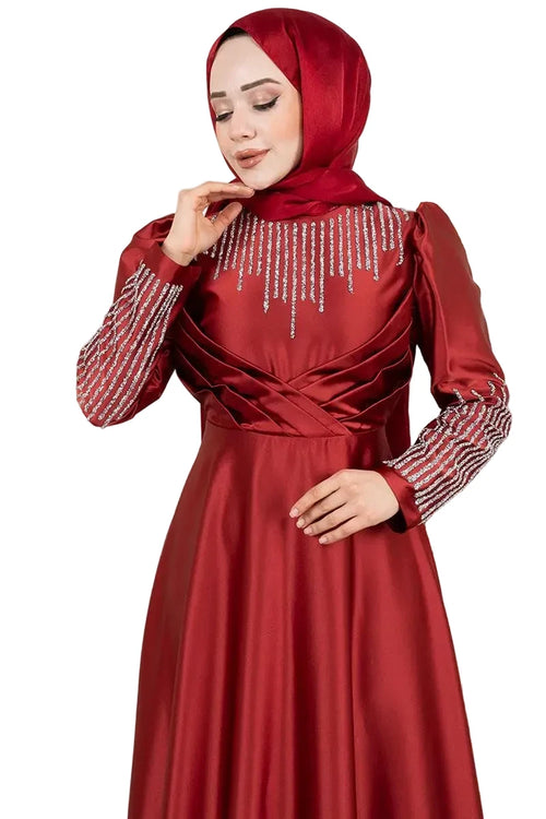 Mec Satin Evening Dress With Stone Detail On Collar And Sleeves