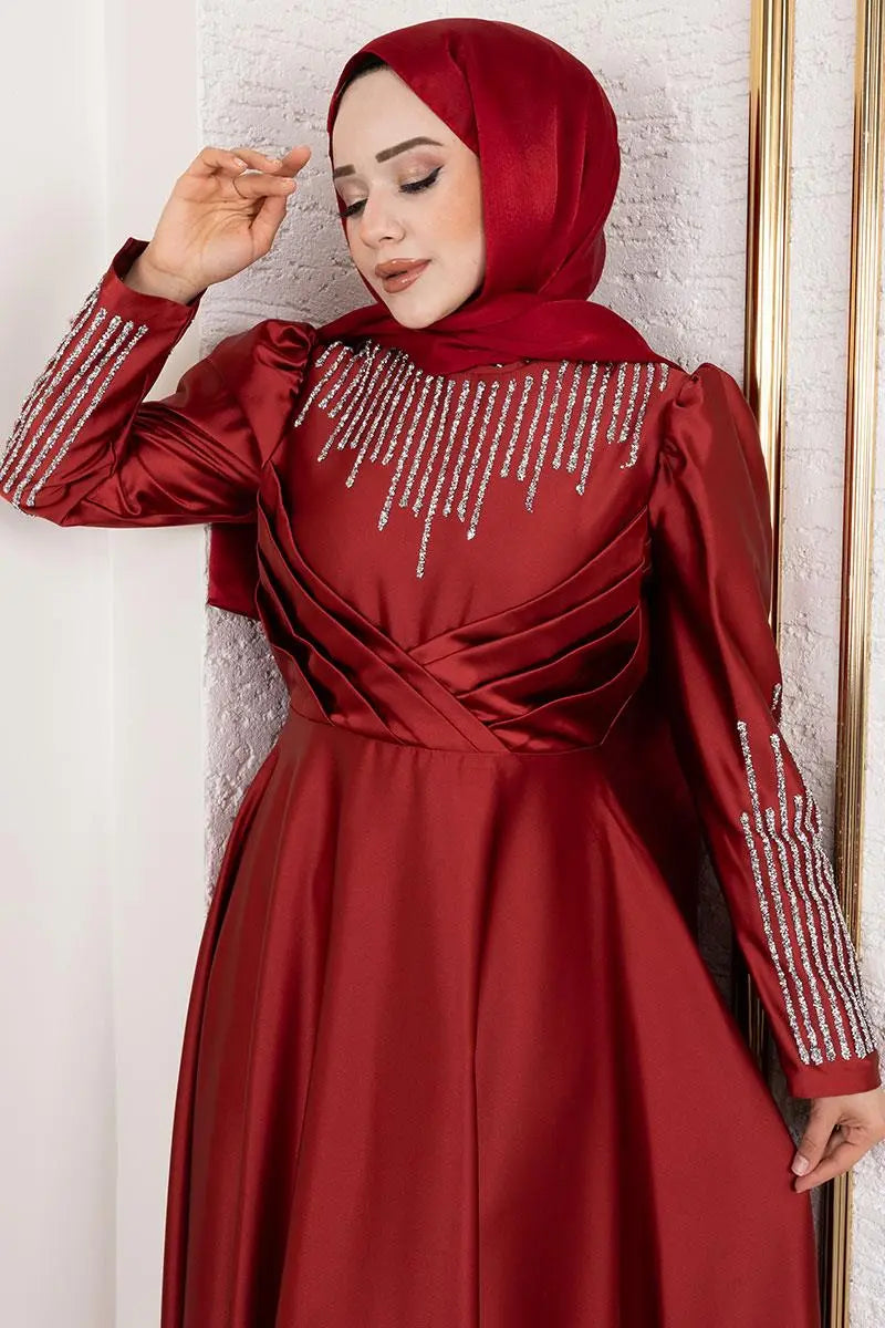 Mec Satin Evening Dress With Stone Detail On Collar And Sleeves