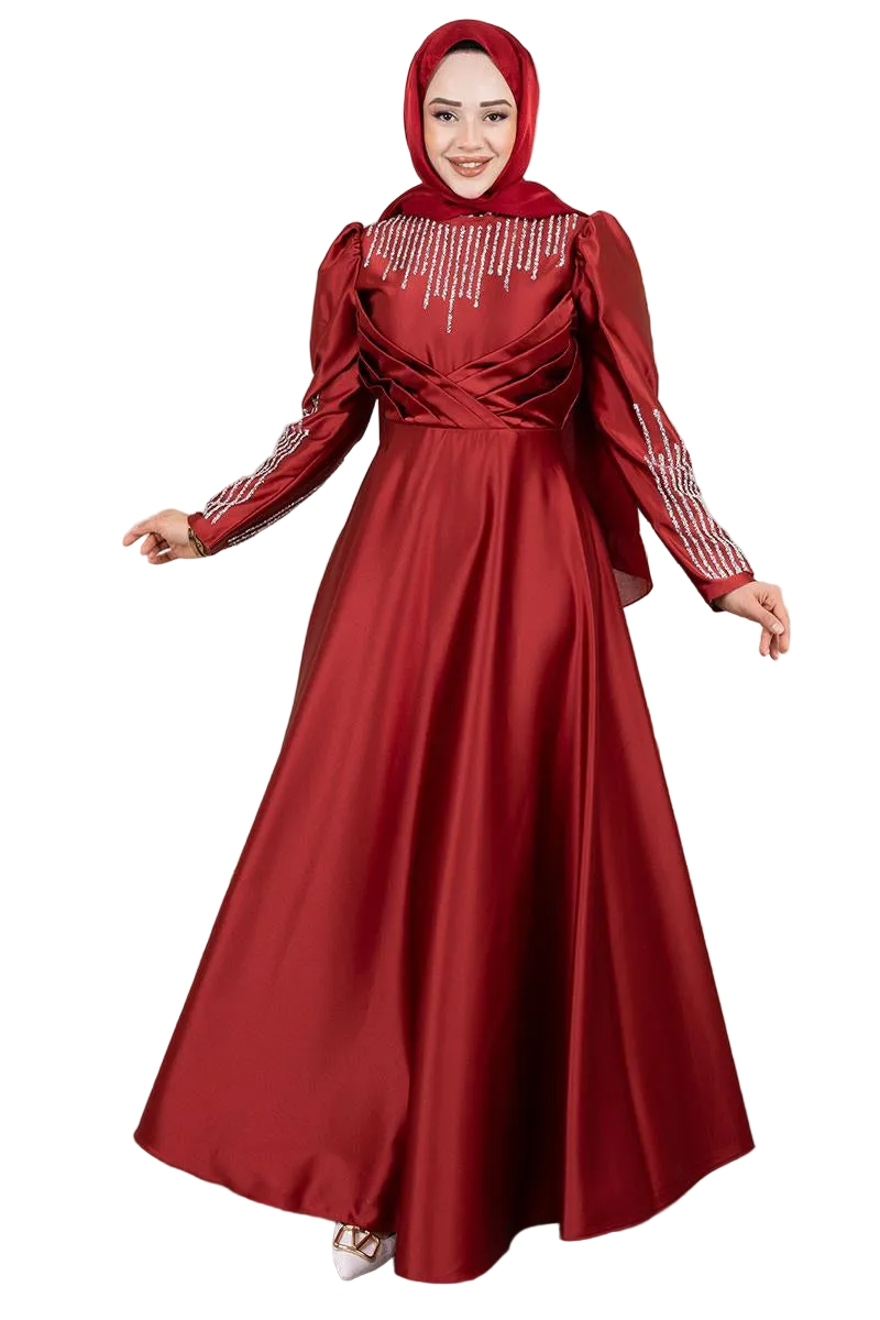 Satin Stone-Embellished Evening Dress | Claret Red [Pre-Order]