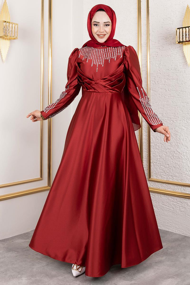 Mec Satin Evening Dress With Stone Detail On Collar And Sleeves