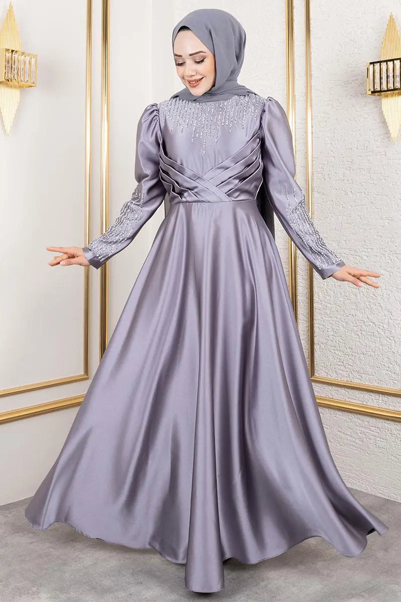 Mec Satin Evening Dress With Stone Detail On Collar And Sleeves