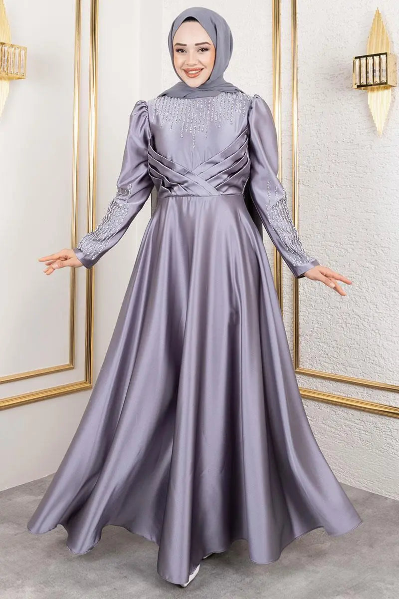 Mec Satin Evening Dress With Stone Detail On Collar And Sleeves