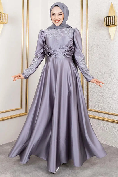 Mec Satin Evening Dress With Stone Detail On Collar And Sleeves