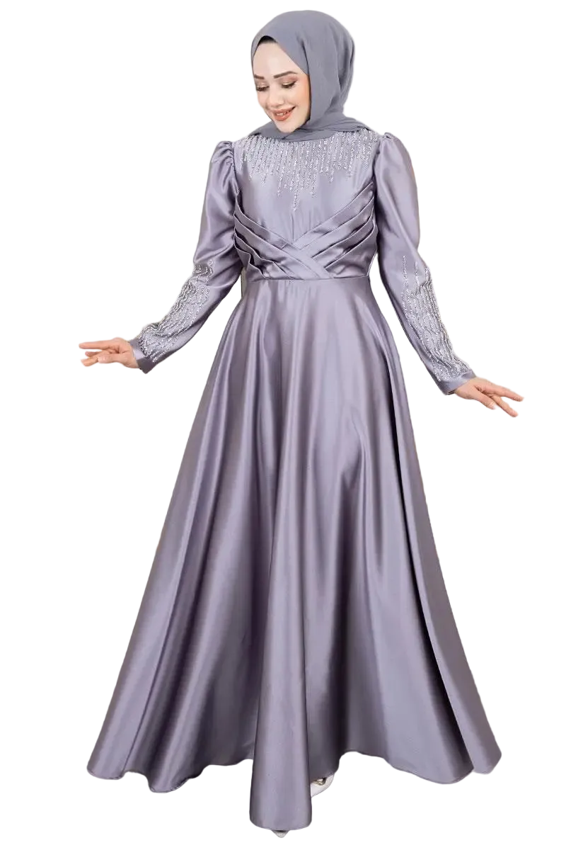 Satin Stone-Embellished Evening Dress | Grey