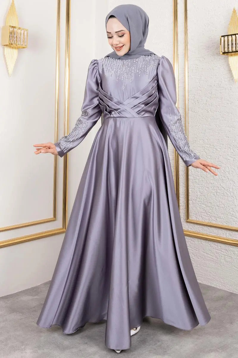 Mec Satin Evening Dress With Stone Detail On Collar And Sleeves