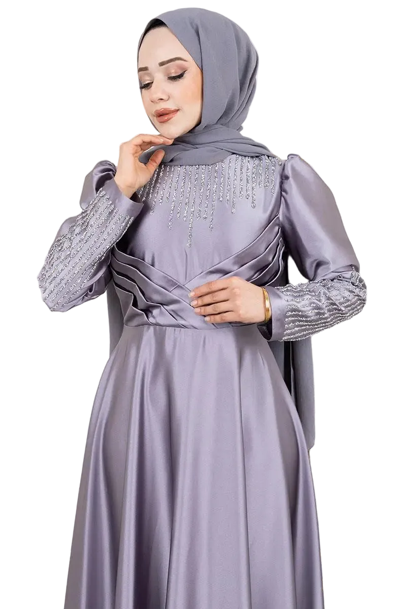 Satin Stone-Embellished Evening Dress | Grey [Pre-Order]