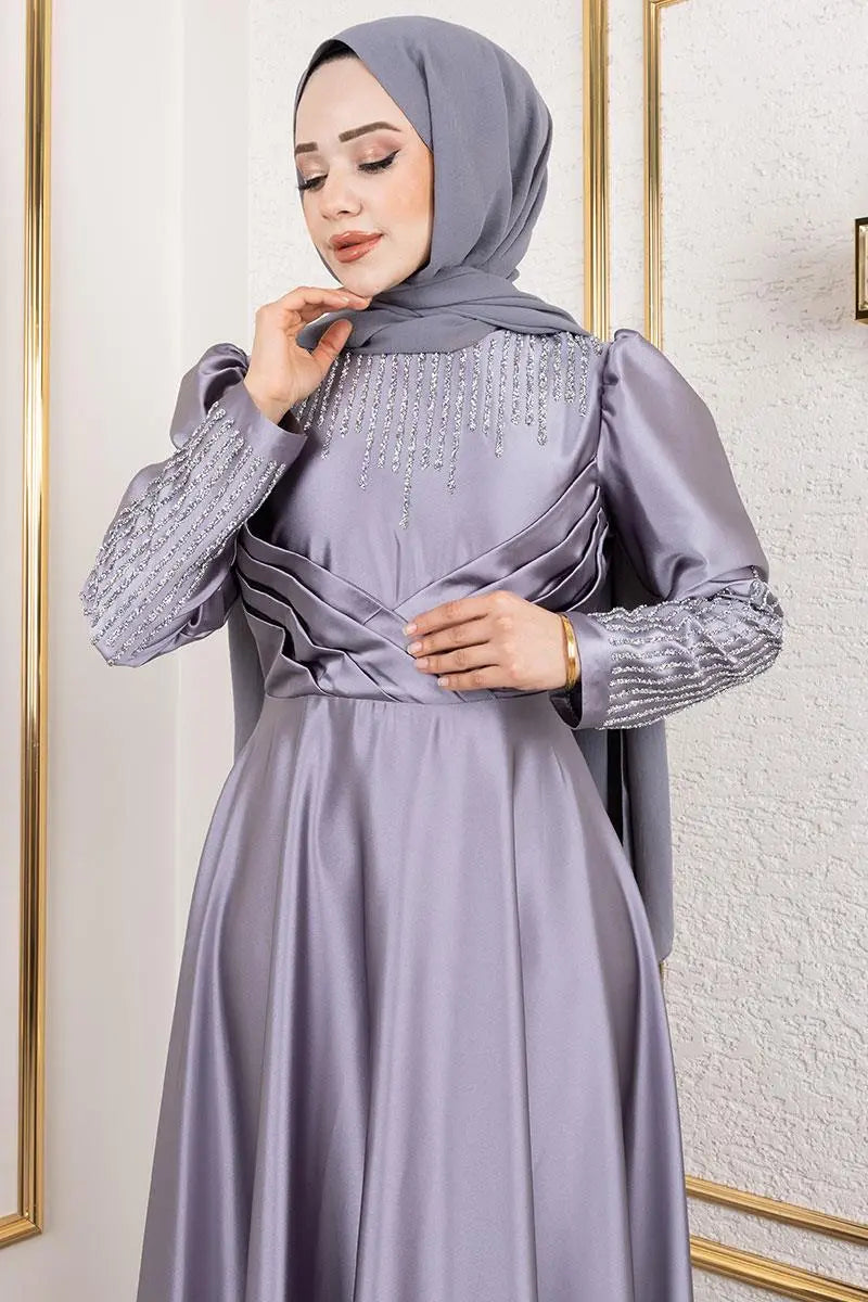 Mec Satin Evening Dress With Stone Detail On Collar And Sleeves