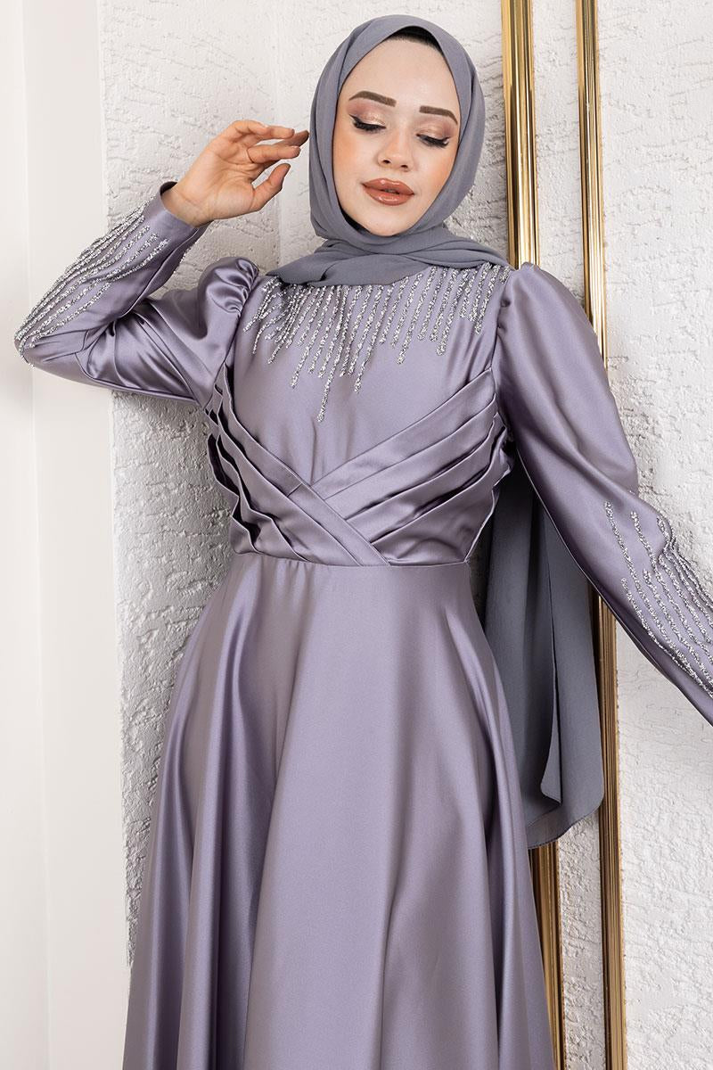 Mec Satin Evening Dress With Stone Detail On Collar And Sleeves
