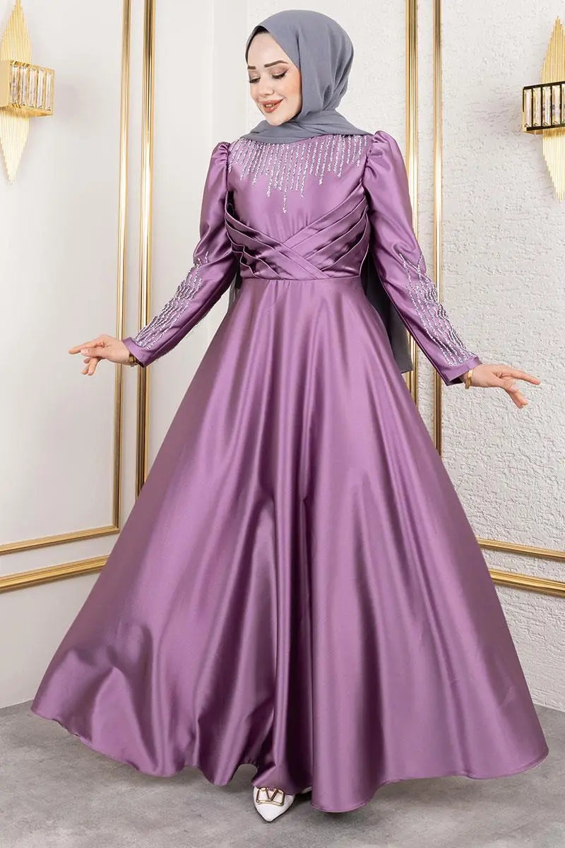 Mec Satin Evening Dress With Stone Detail On Collar And Sleeves