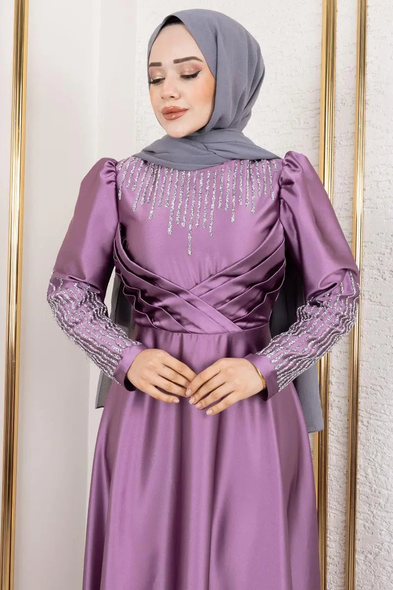 Mec Satin Evening Dress With Stone Detail On Collar And Sleeves