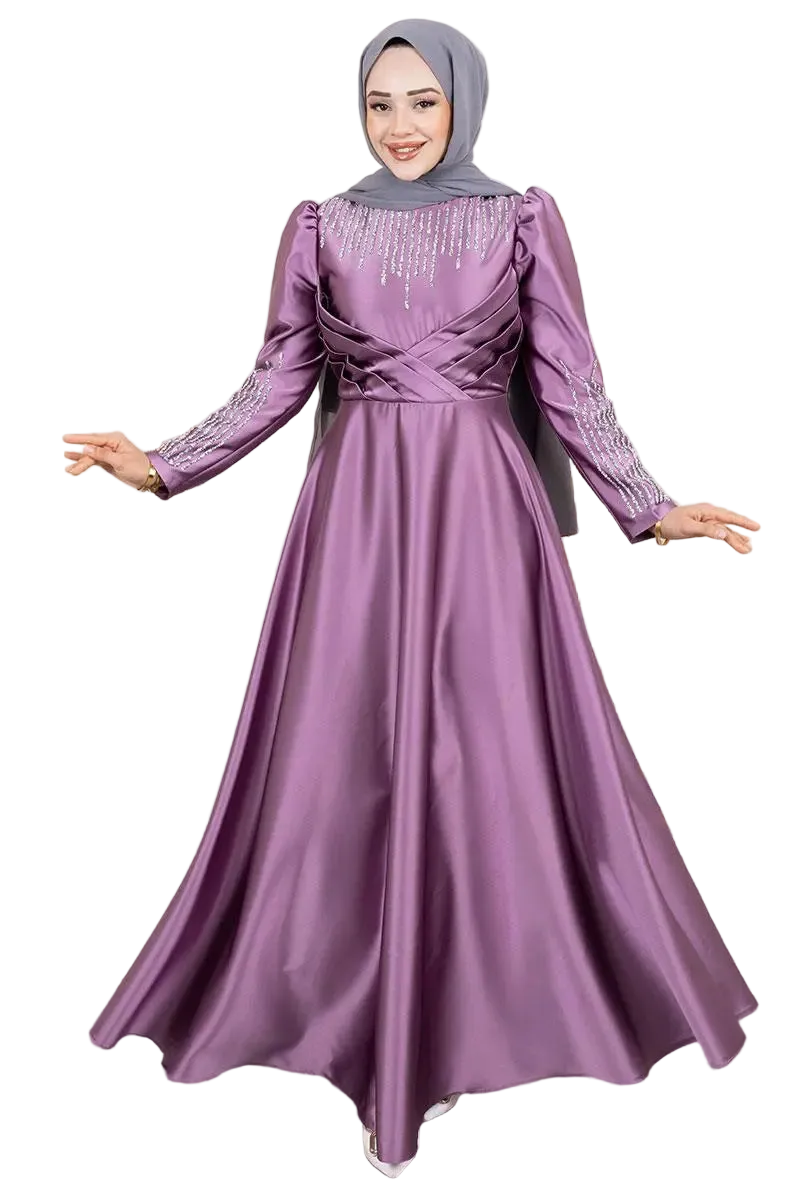 Satin Stone-Embellished Evening Dress | Lilac
