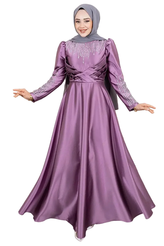 Satin Stone-Embellished Evening Dress | Lilac
