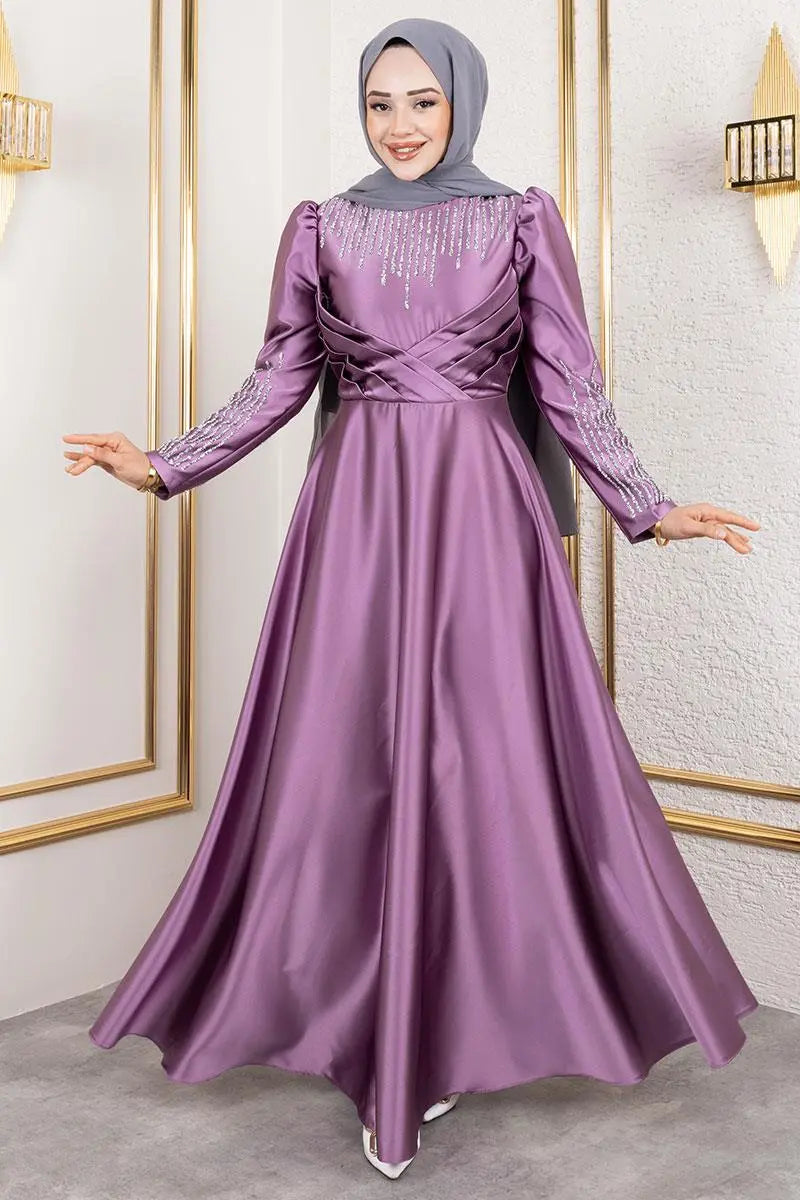 Mec Satin Evening Dress With Stone Detail On Collar And Sleeves