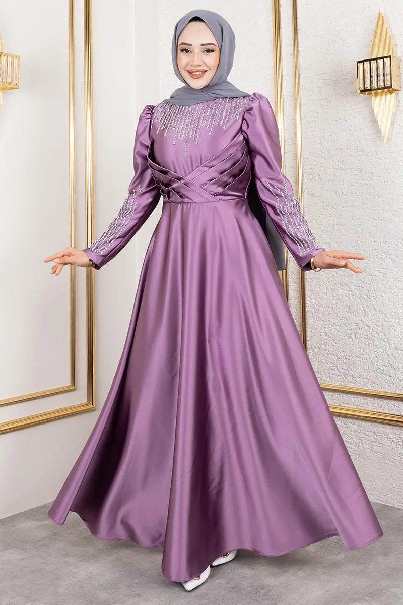 Mec Satin Evening Dress With Stone Detail On Collar And Sleeves