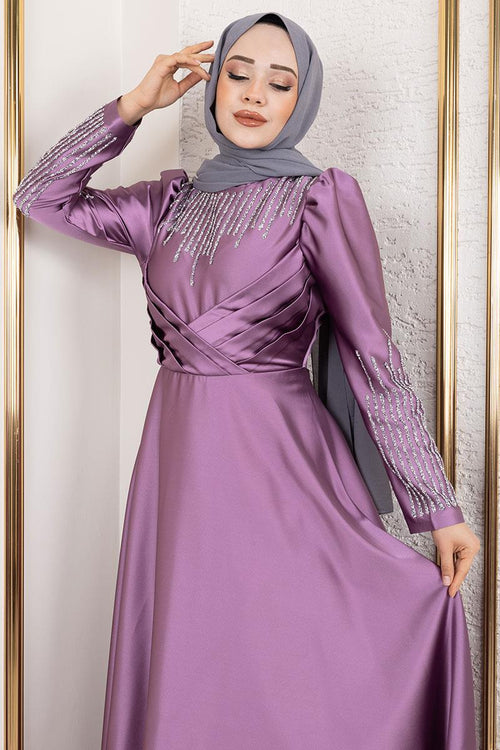 Mec Satin Evening Dress With Stone Detail On Collar And Sleeves