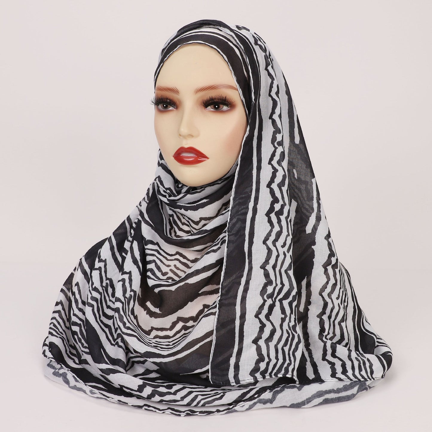 Satin Polyester Printed Striped Scarf - White / Above 175cm - Hijab