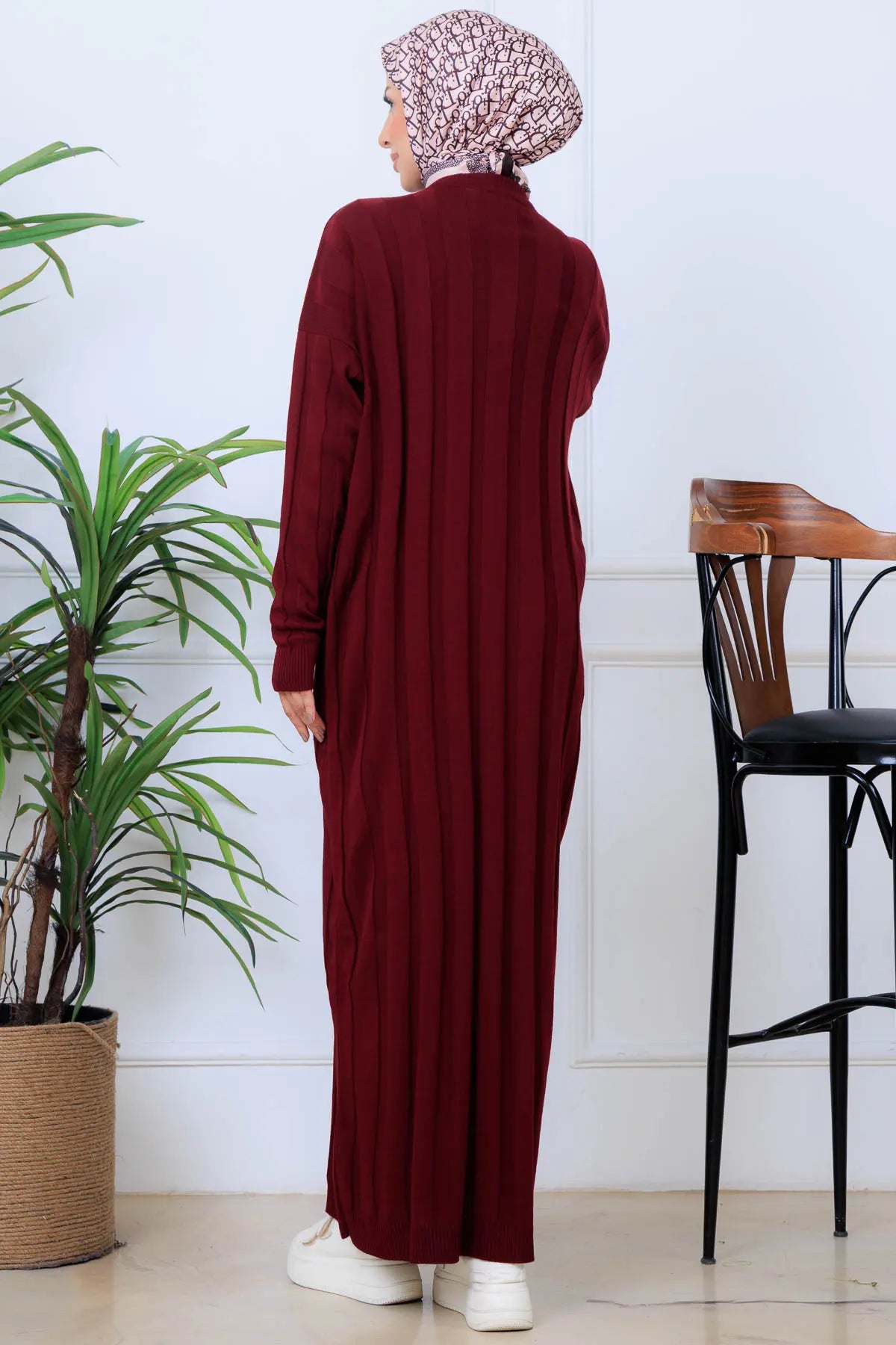 Self-striped Knit Dress | Claret Red – NEOMODEST product image 5