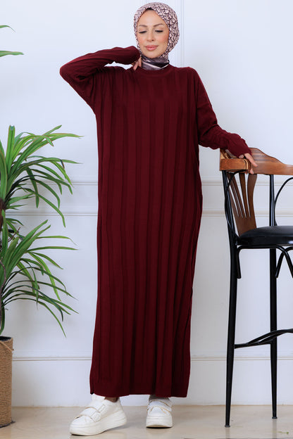 Self-striped Knit Dress | Claret Red – NEOMODEST product image 1