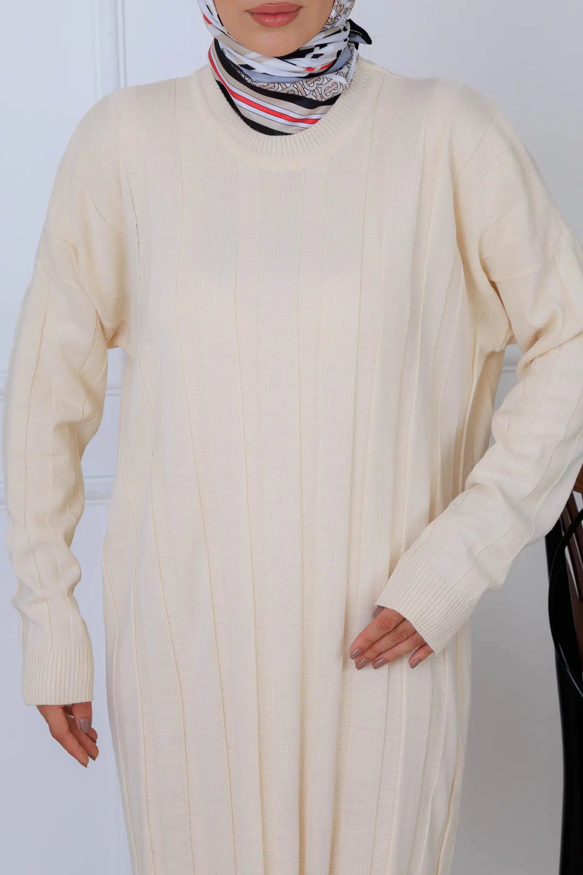Self-striped Knit Dress | Beige – NEOMODEST product image 3