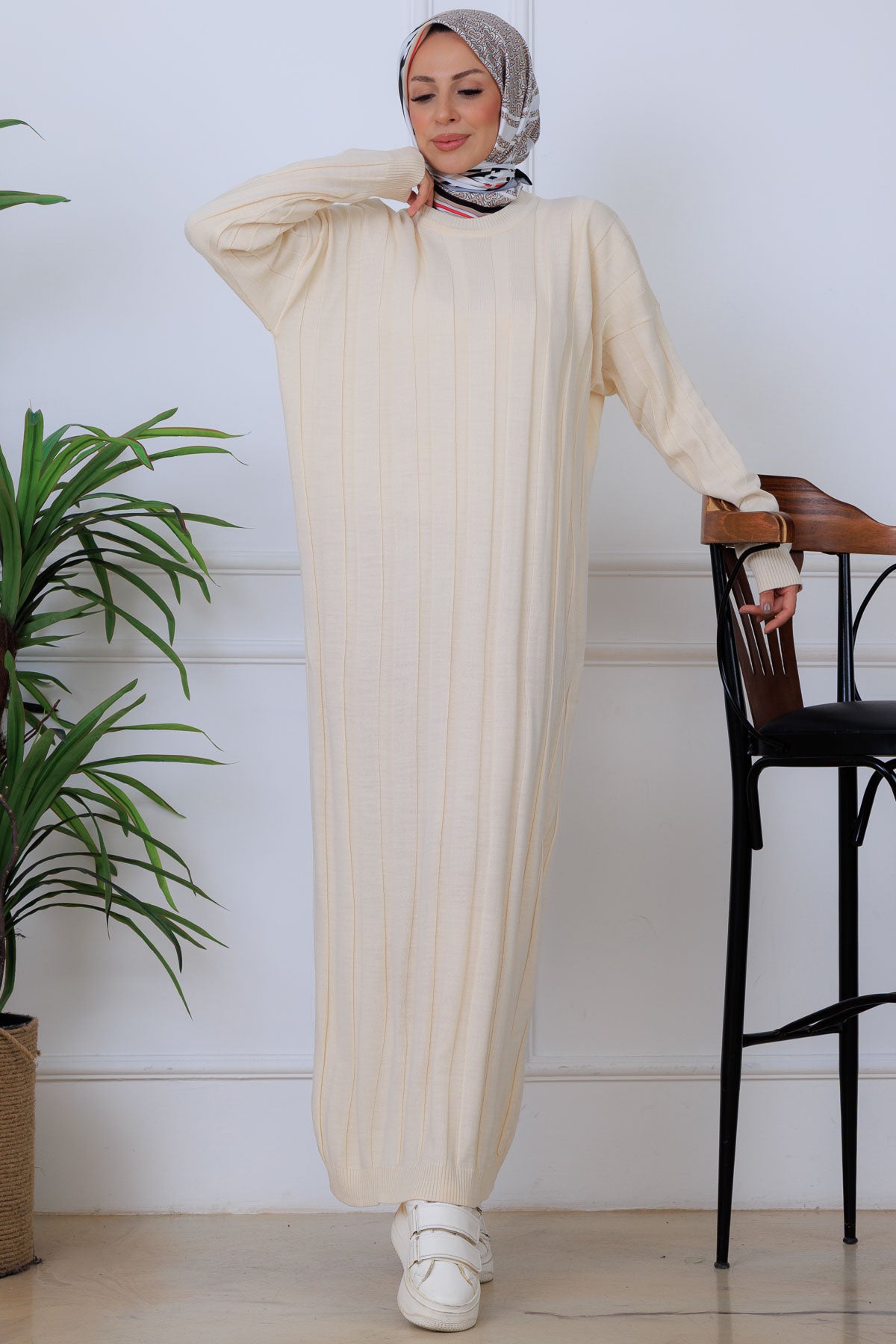 Self-striped Knit Dress | Beige – NEOMODEST product image 1