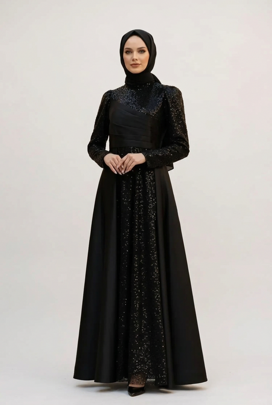 Sequined Draped Satin Evening Dress | Black – NEOMODEST, image 1