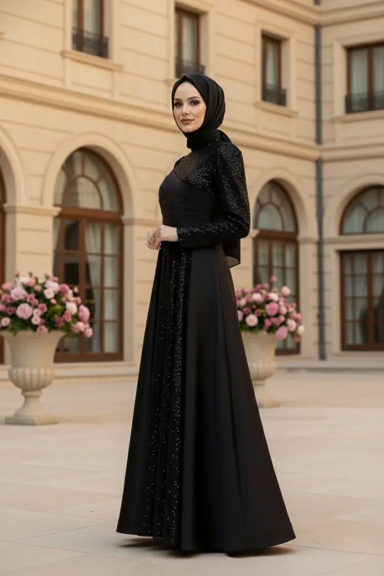 Mec Sequined Draped Satin Evening Dress Black