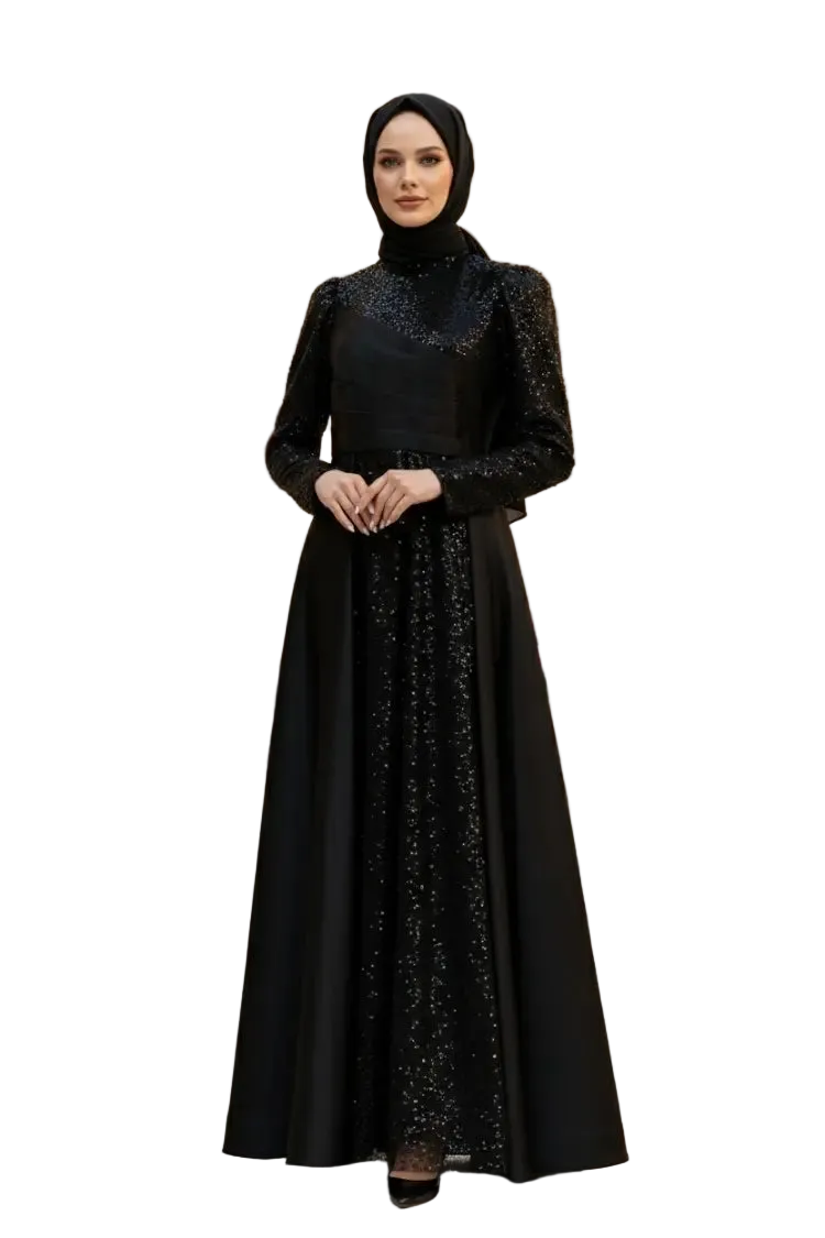 Sequined Draped Satin Evening Dress | Black | NEOMODEST London