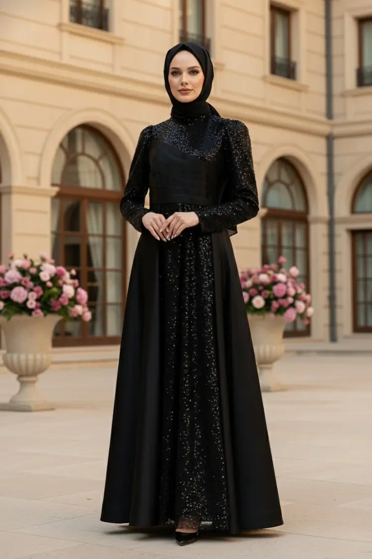 Mec Sequined Draped Satin Evening Dress Black