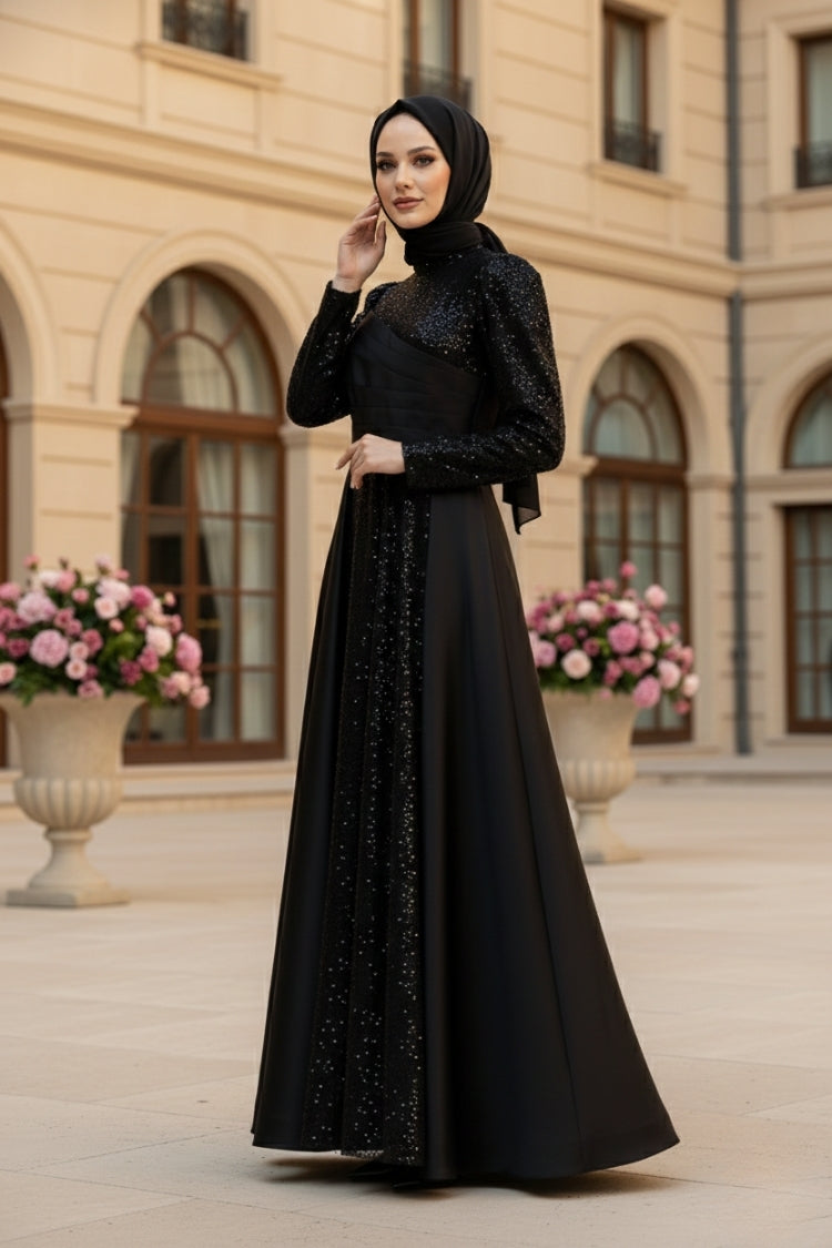 Mec Sequined Draped Satin Evening Dress Black