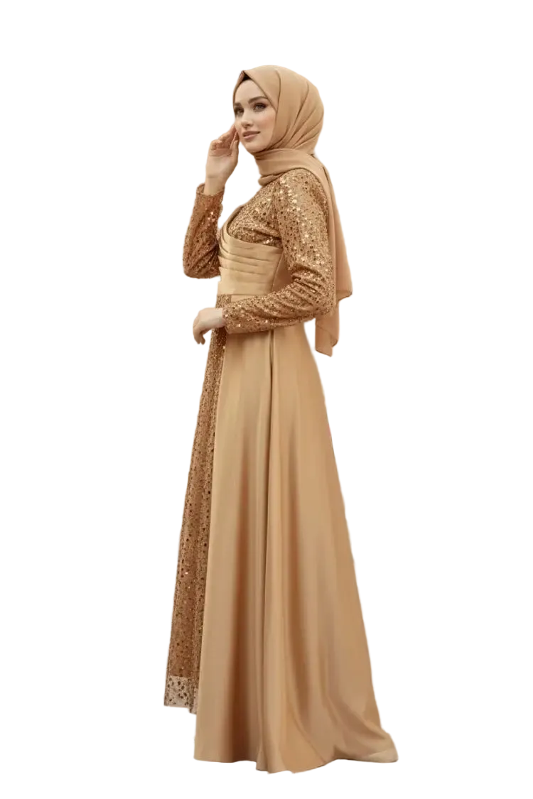 Sequined Draped Satin Evening Dress | Gold | NEOMODEST London