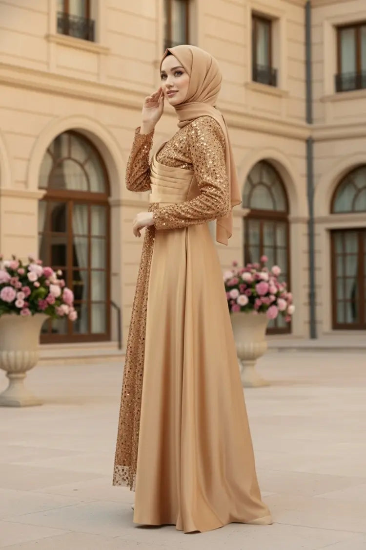 Mec Sequined Draped Satin Evening Dress Gold