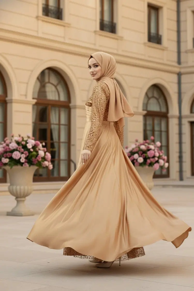 Mec Sequined Draped Satin Evening Dress Gold