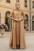 Mec Sequined Draped Satin Evening Dress Gold