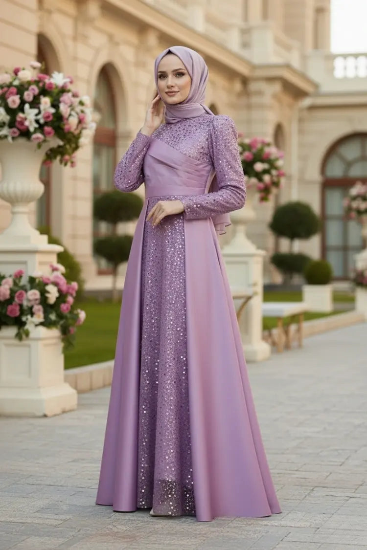 Mec Sequined Draped Satin Evening Dress Lila