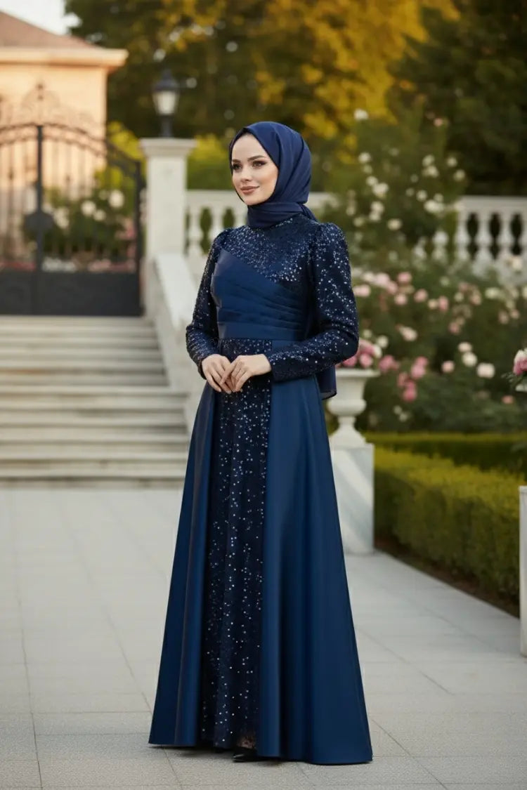 Mec Sequined Draped Satin Evening Dress Navy Blue