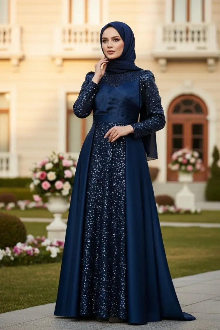 Mec Sequined Draped Satin Evening Dress Navy Blue