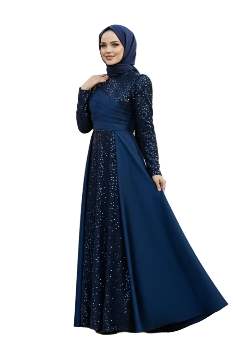 Sequined Draped Satin Evening Dress | Navy Blue | NEOMODEST London