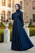 Mec Sequined Draped Satin Evening Dress Navy Blue