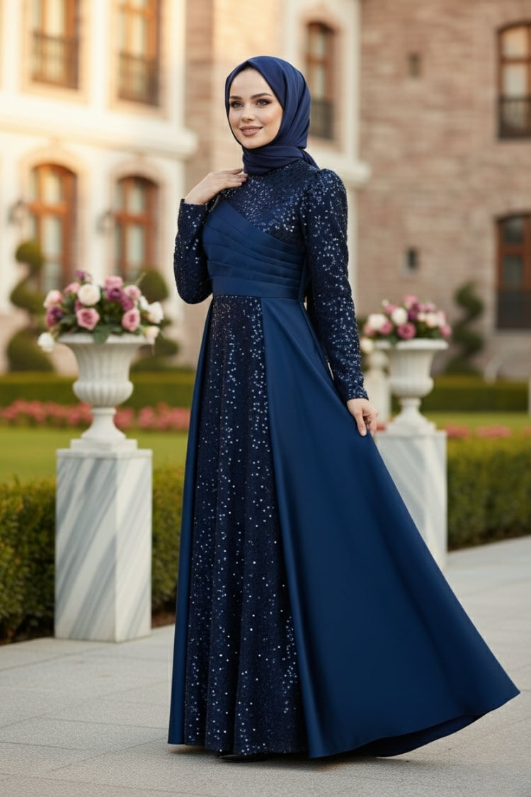 Mec Sequined Draped Satin Evening Dress Navy Blue