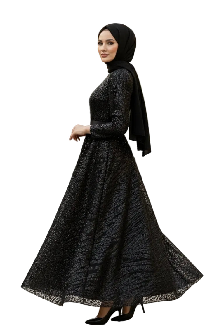 Sequined Princess Black Evening Dress