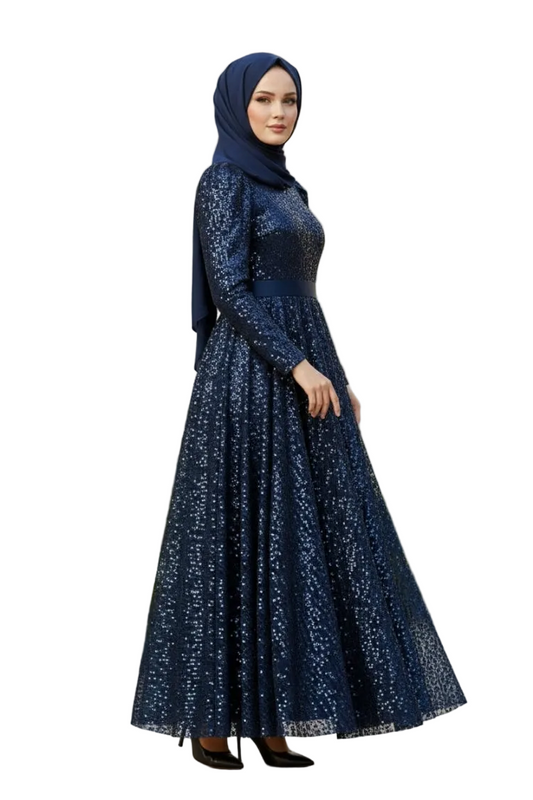 Sequined Princess Evening Dress in Navy Blue – NEOMODEST, hero image
