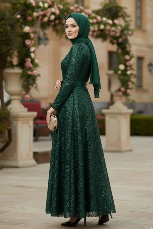 Mec Sequined Princess Model Evening Dress Emerald Green